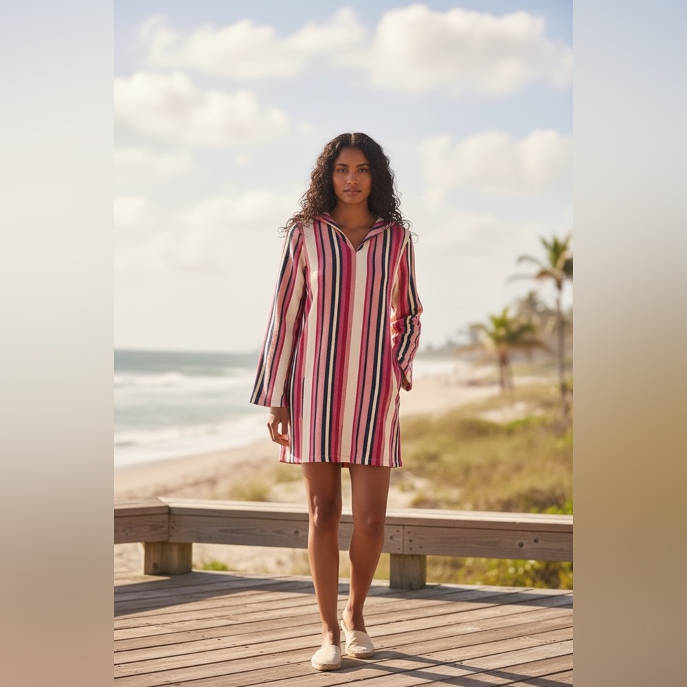 Denim & Co Striped Hooded Swim Coverup NWOT • Large • Beachy Coastal Layer